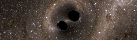 Rappresentazione artistica della coalescenza di due buchi neri, LIGO, fonte: http://www.media.inaf.it/2016/02/22/buchi-neri-oversize-ligo/